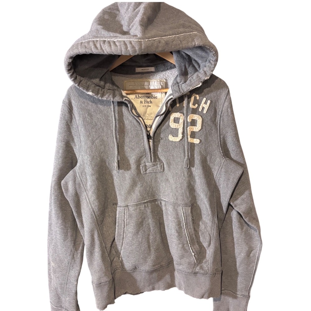 Y2K Abercrombie & Fitch Quarter Zip Hoodie Mens Large Gray Fitch 92 Muscle Fit
